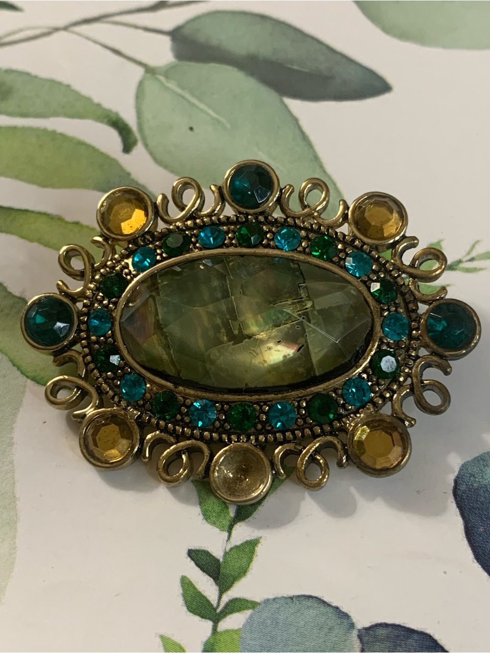 Monet Green, Teal and Gold Oval Statement Brooch ( Call Out )